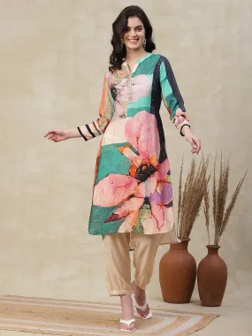 Abstract Floral Printed Straight High Low Kurta with Pant - Multi