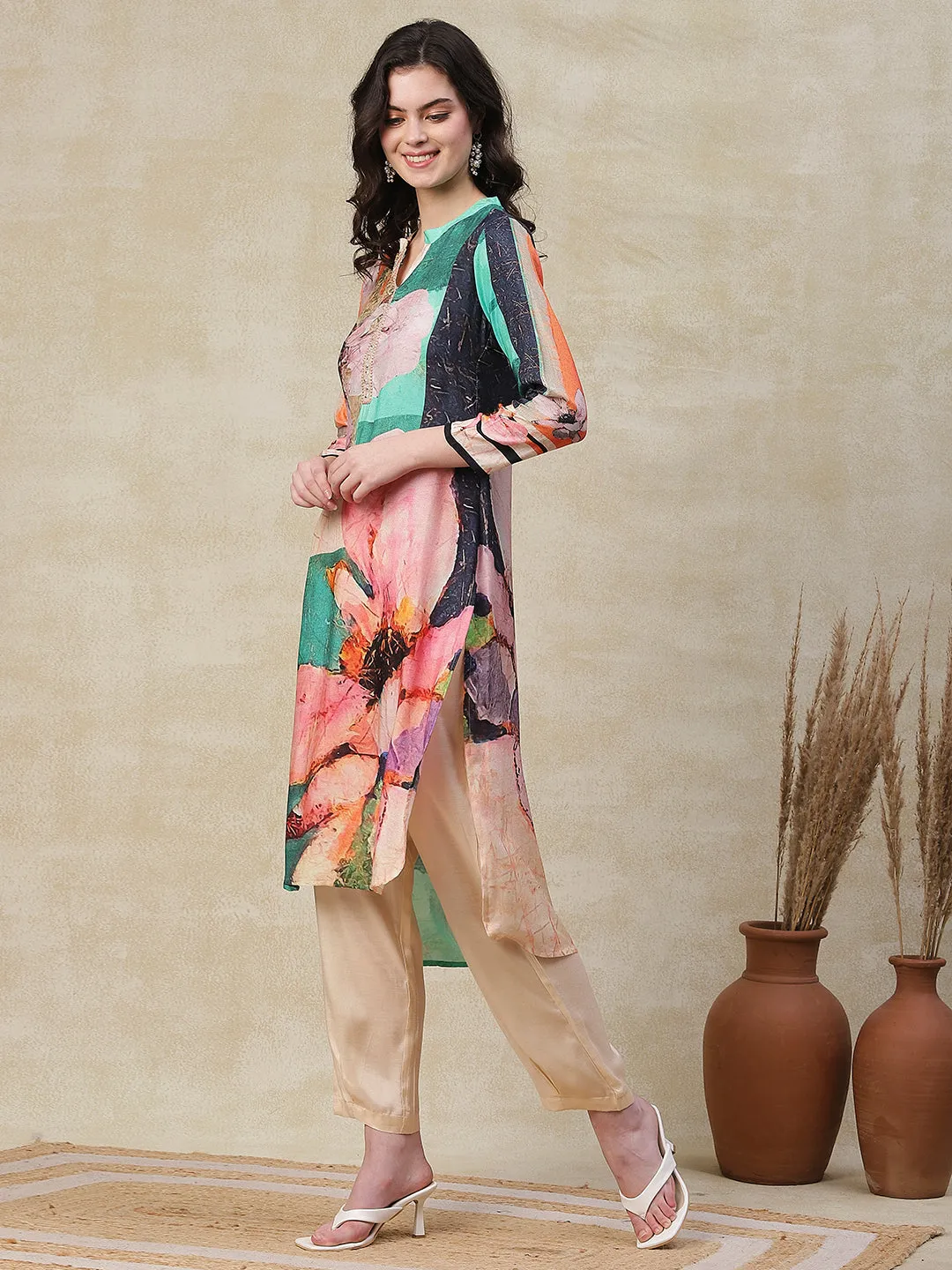 Abstract Floral Printed Straight High Low Kurta with Pant - Multi