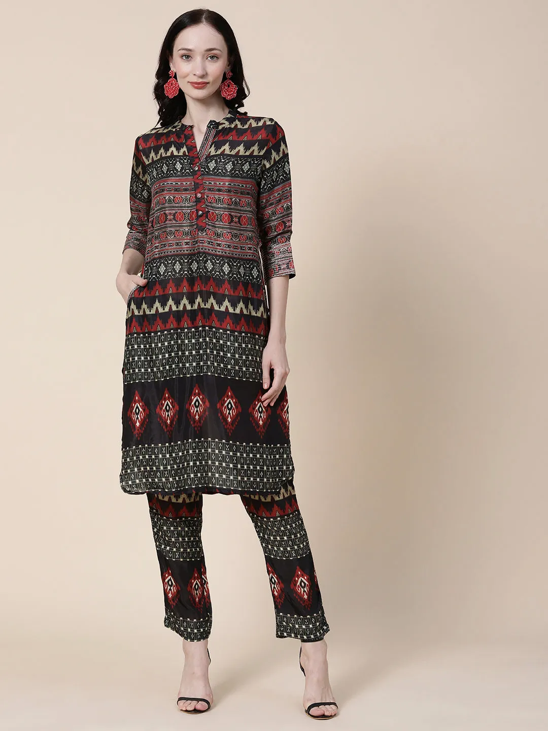 Abstract Ikkat Printed Zari Embroidered Kurta With Matching Pants Set - Black & Multi