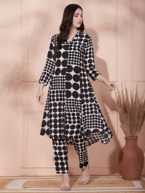 Abstract Polka Dot Printed A-Line Paneled Kurta with Pant - Black