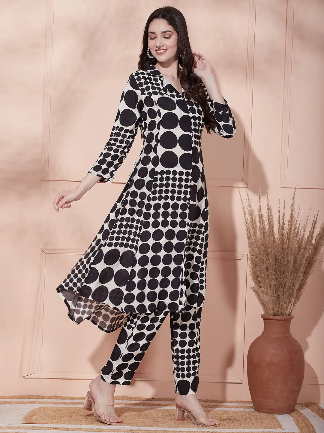 Abstract Polka Dot Printed A-Line Paneled Kurta with Pant - Black