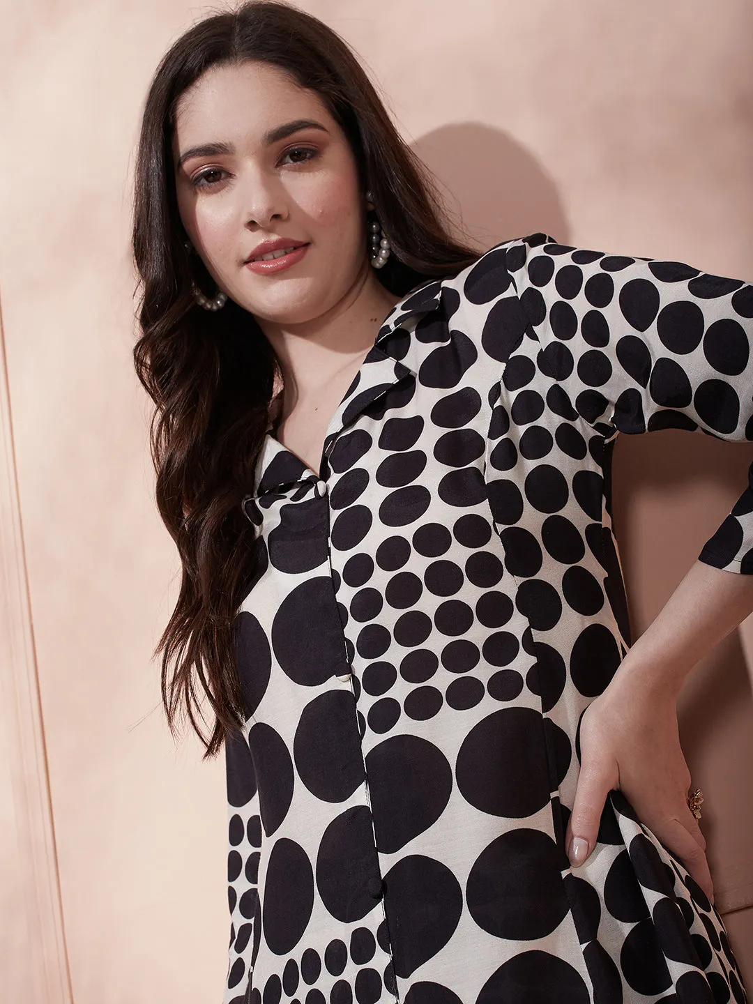 Abstract Polka Dot Printed A-Line Paneled Kurta with Pant - Black