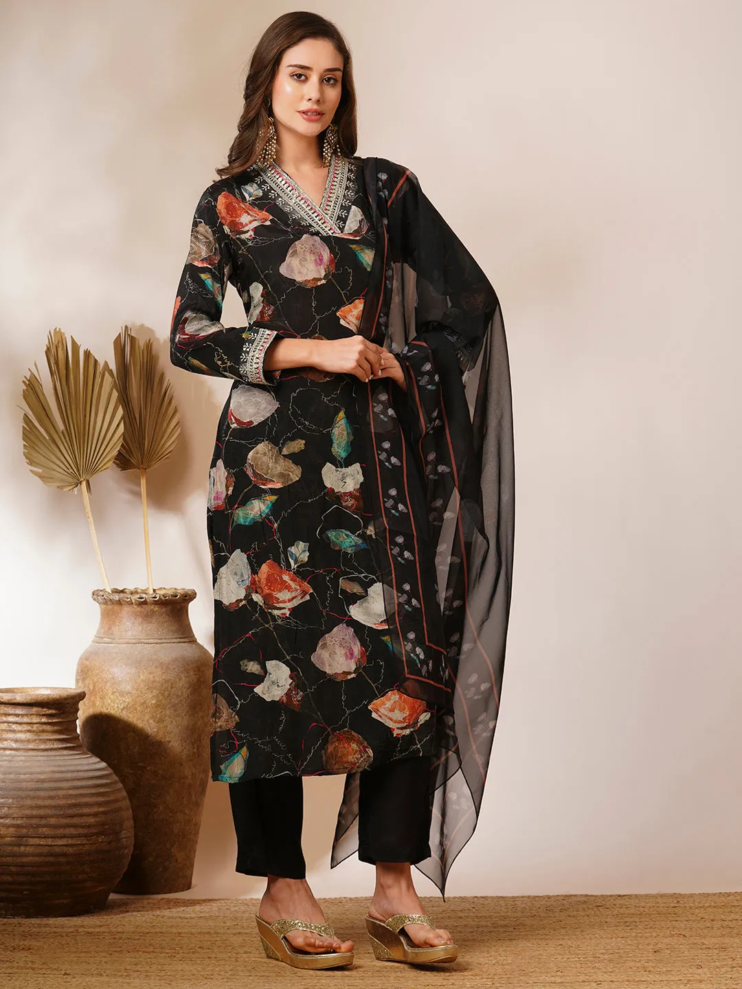 Abstract Printed & Embroidered Straight Kurta with Pant & Dupatta - Black