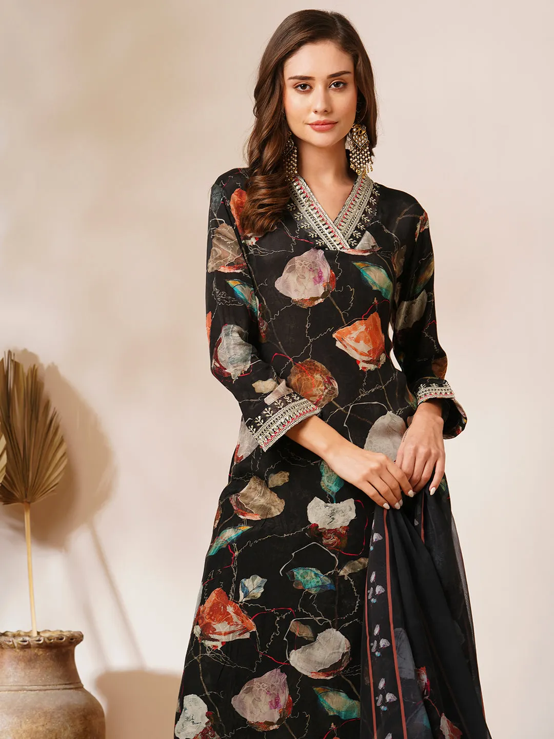 Abstract Printed & Embroidered Straight Kurta with Pant & Dupatta - Black