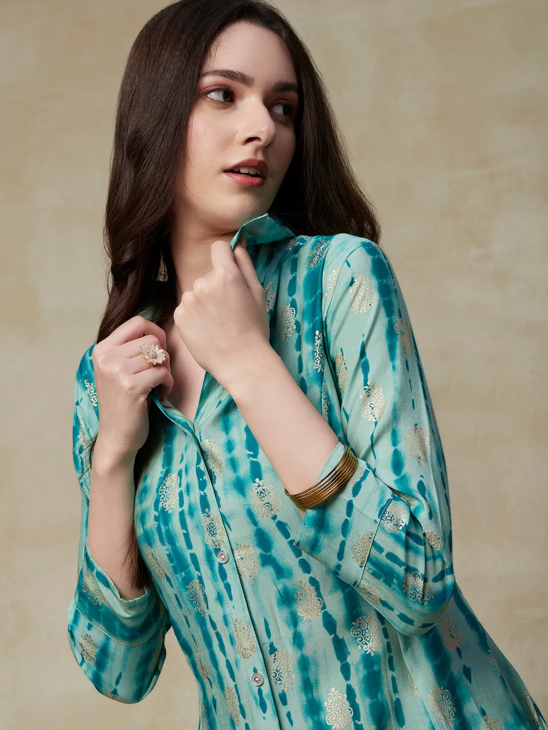 Abstract Printed & Ethnic Foil Printed Asymmetric Hem Paneled Kurta & Pants - Turquoise Blue