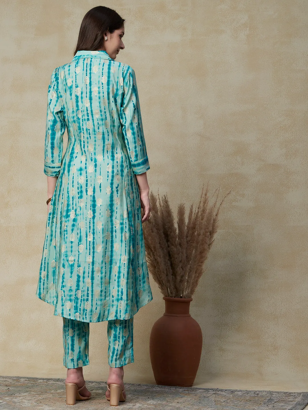 Abstract Printed & Ethnic Foil Printed Asymmetric Hem Paneled Kurta & Pants - Turquoise Blue