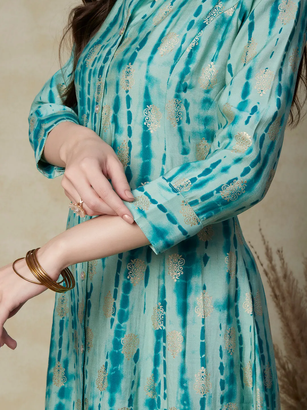 Abstract Printed & Ethnic Foil Printed Asymmetric Hem Paneled Kurta & Pants - Turquoise Blue