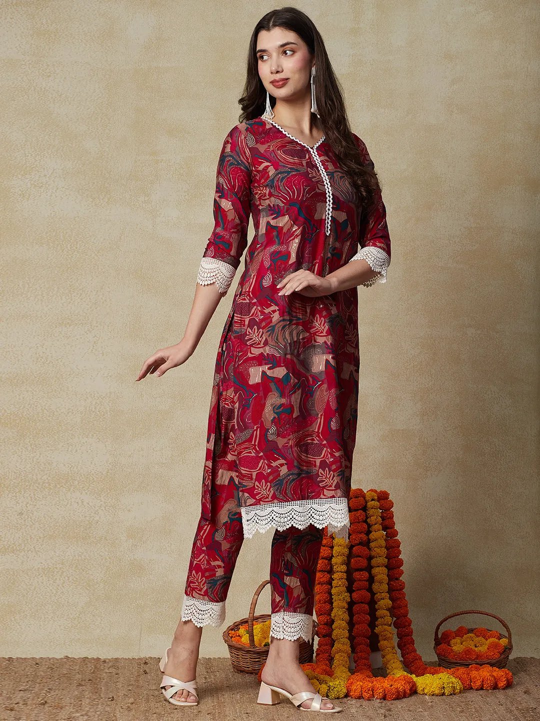 Abstract Printed Crochet lace Embellished Kurta with Pants - Multi