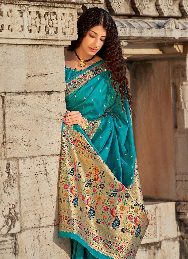 Admirable Turquoise Color Banarasi Soft Silk Weave Saree