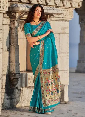 Admirable Turquoise Color Banarasi Soft Silk Weave Saree