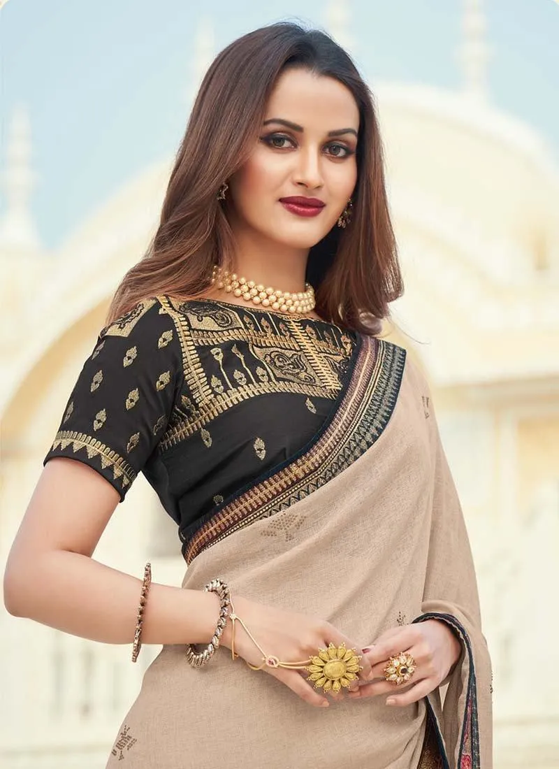 Aesthetic Light Brown Color Silk Base Silk Weave Half And Half Saree