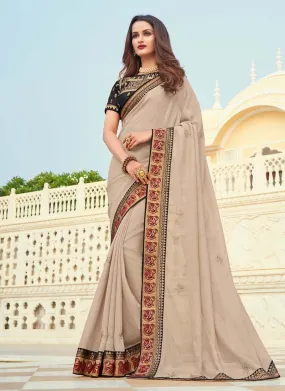 Aesthetic Light Brown Color Silk Base Silk Weave Half And Half Saree