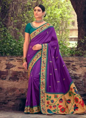 Aesthetic Look Purple Color Silk Fabric Zari And Lace Work Saree