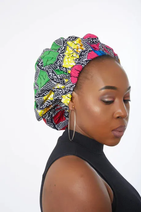 African Kente Print Ankara Extra large satin lined Bonnet