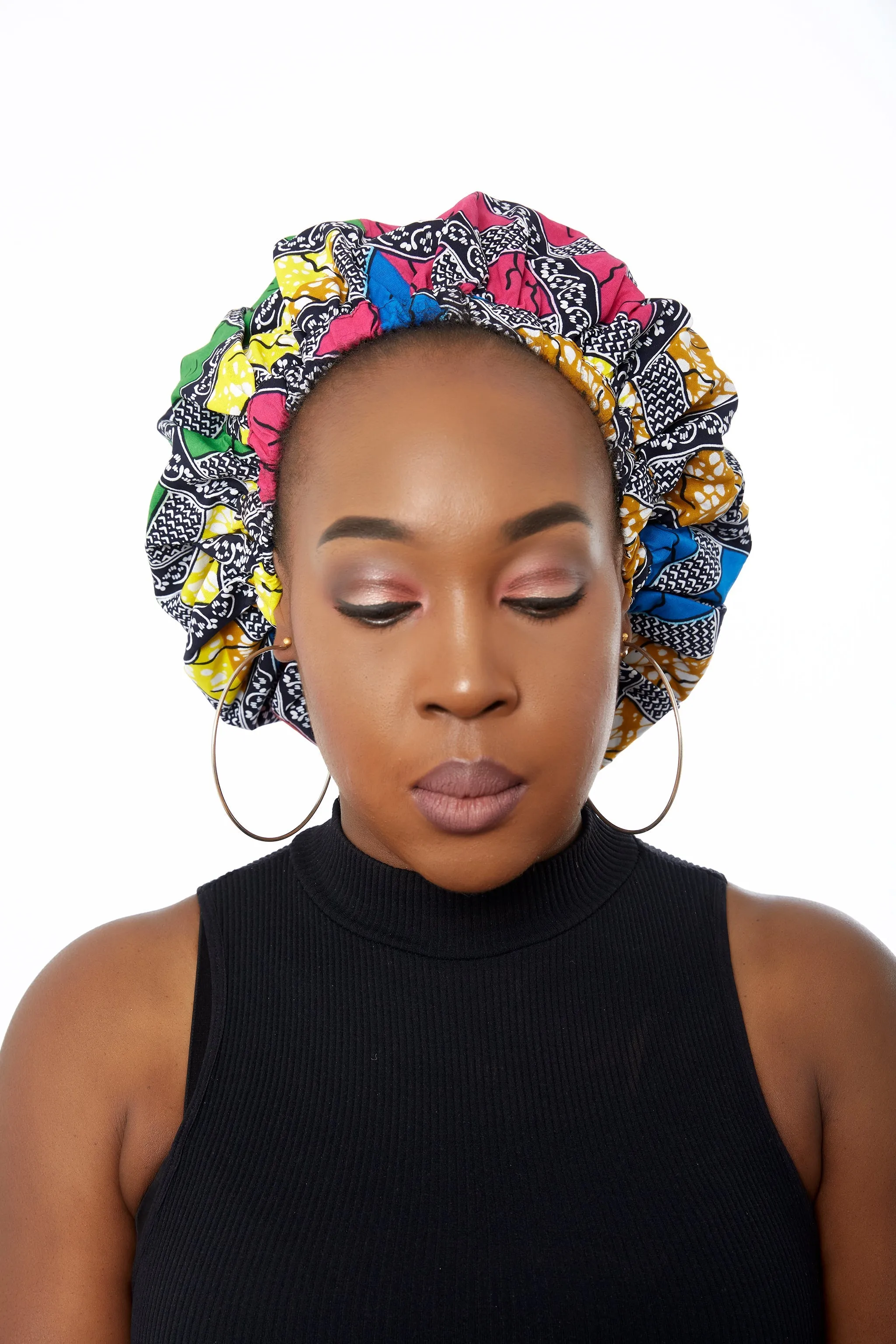 African Kente Print Ankara Extra large satin lined Bonnet