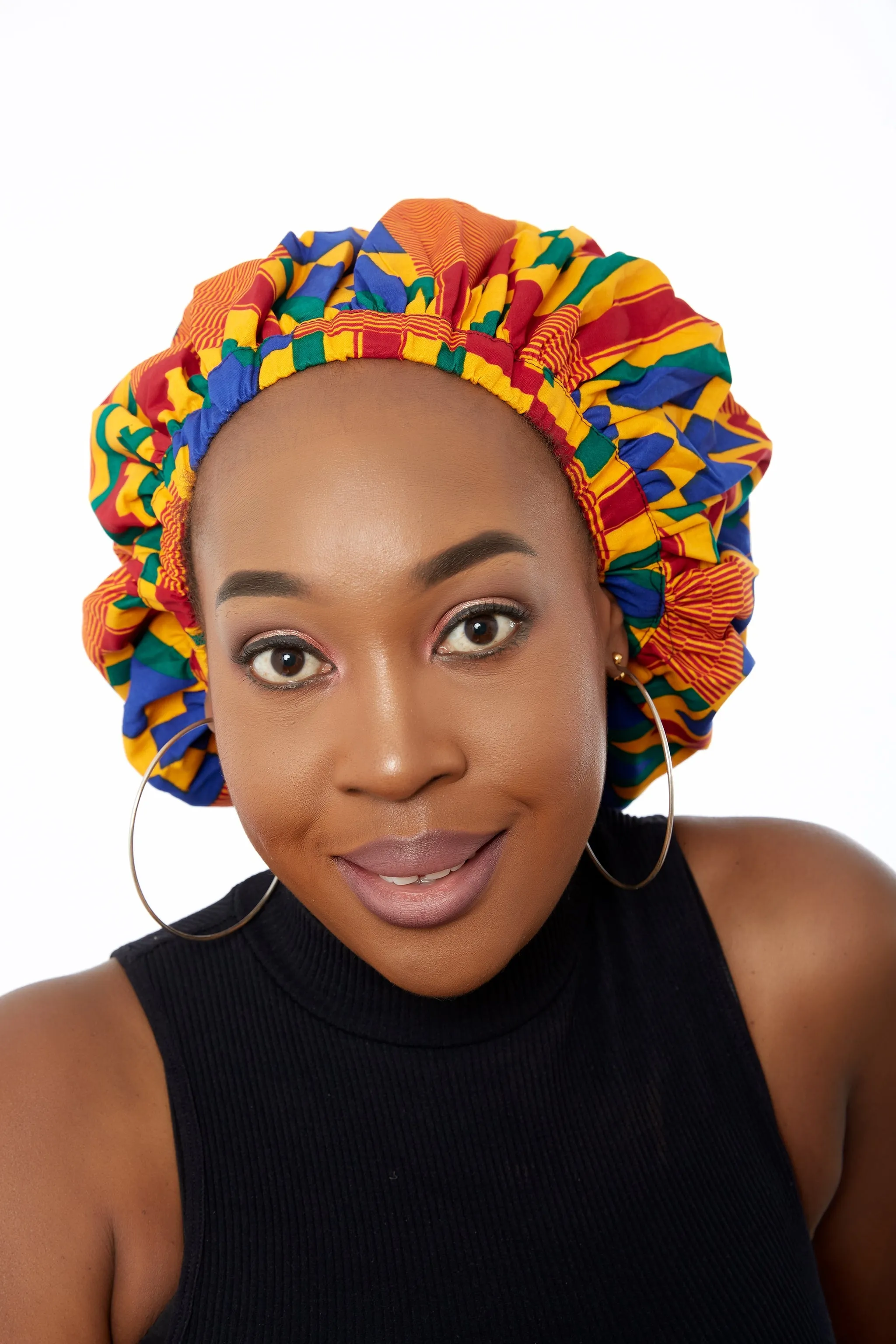 African Kente Print Ankara Extra large satin lined Bonnet