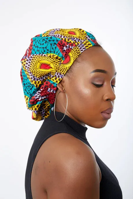 African Kente Print Ankara Extra large satin lined Bonnet