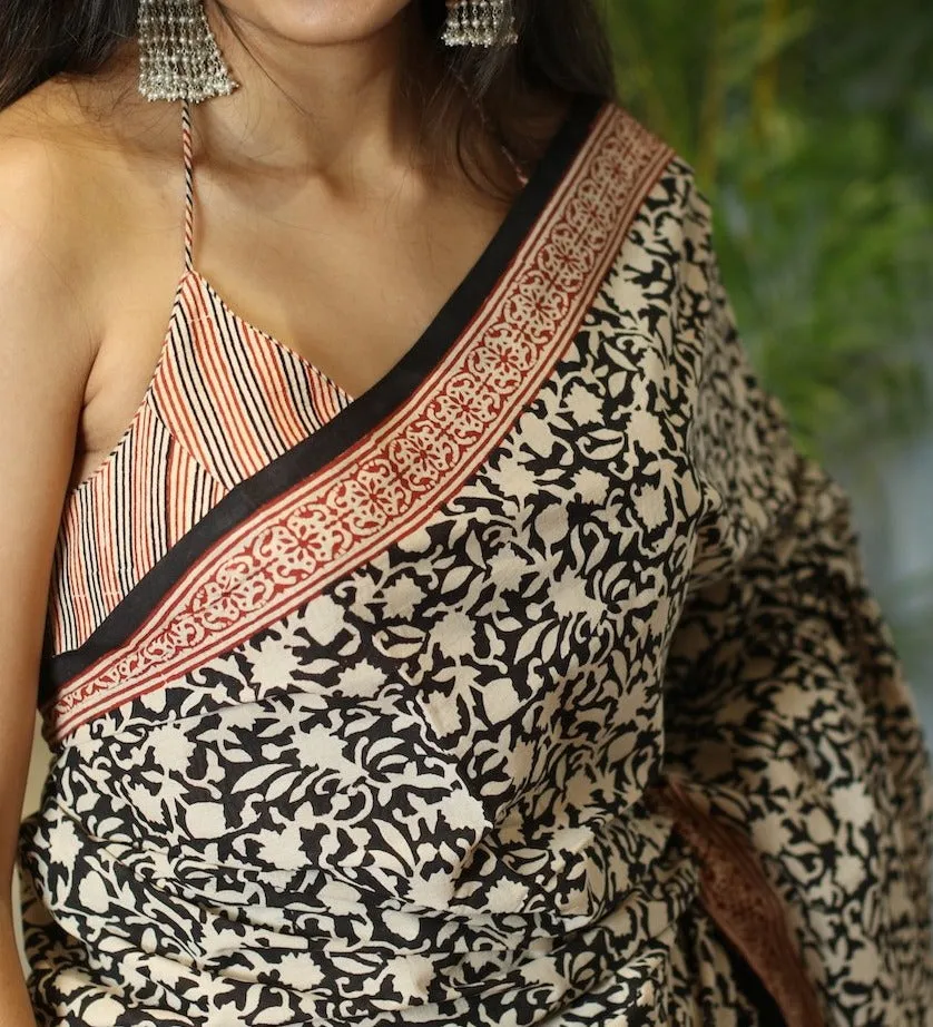 Almond White & Black Coloured Bagru Cotton Handblock Printed Saree