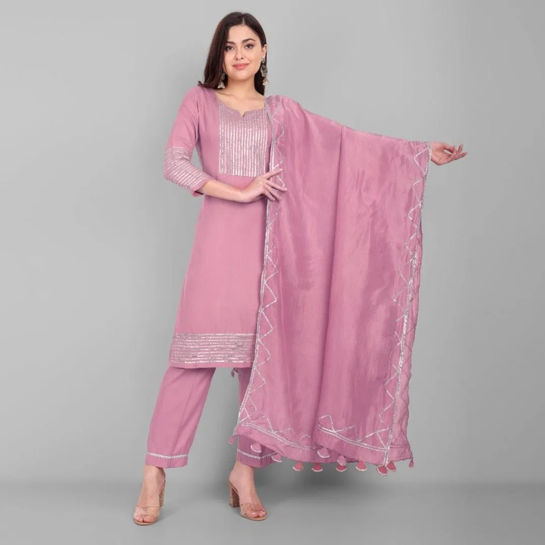 Amreen Pink Dhanak Kurta and Dupatta - Set of 3