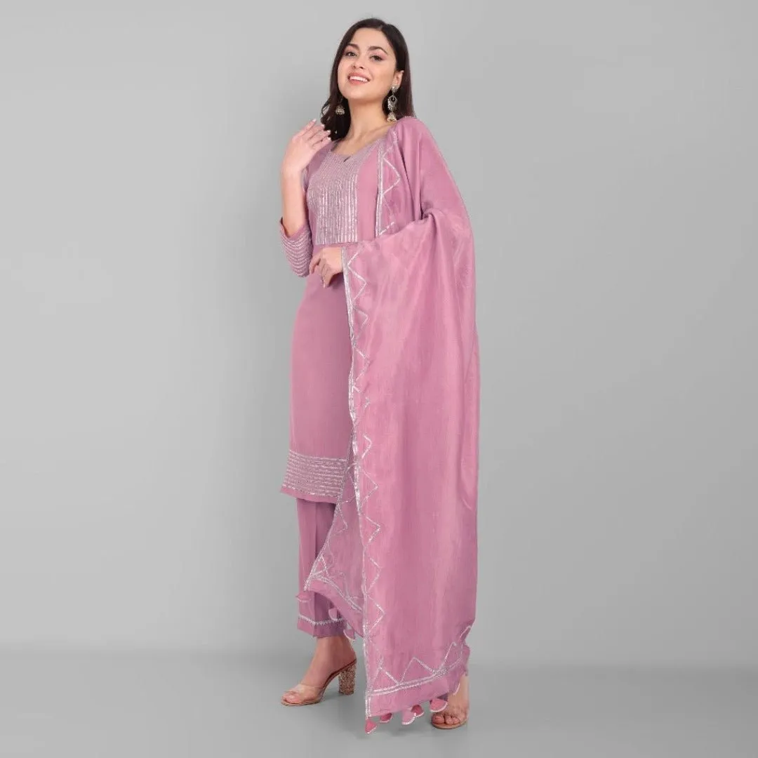 Amreen Pink Dhanak Kurta and Dupatta - Set of 3