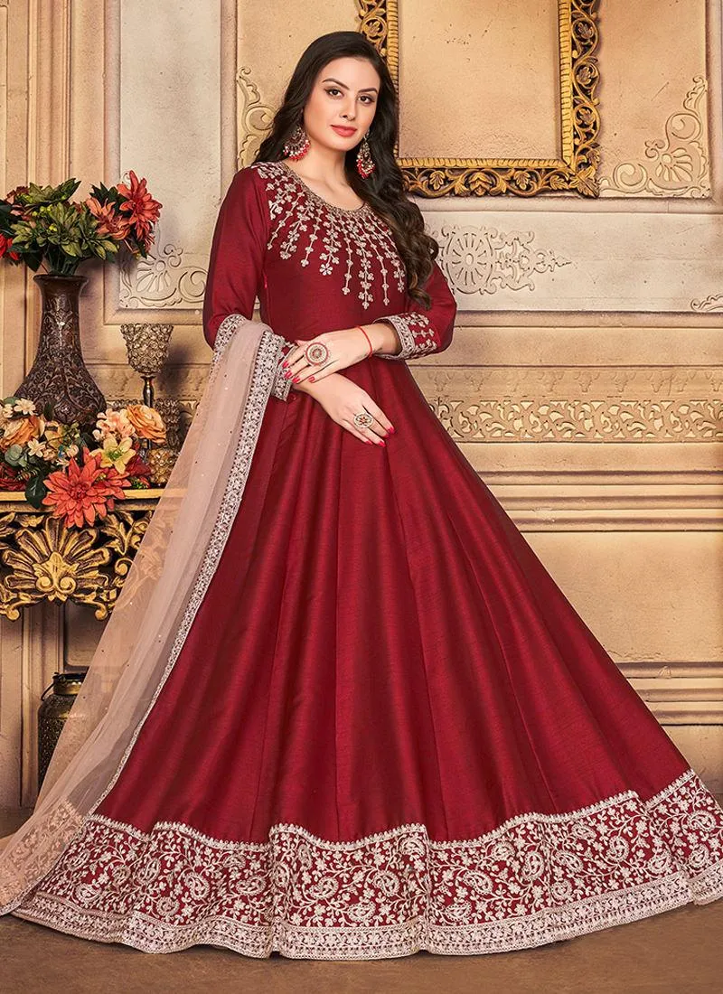 Art Silk Maroon Embroidered Gown