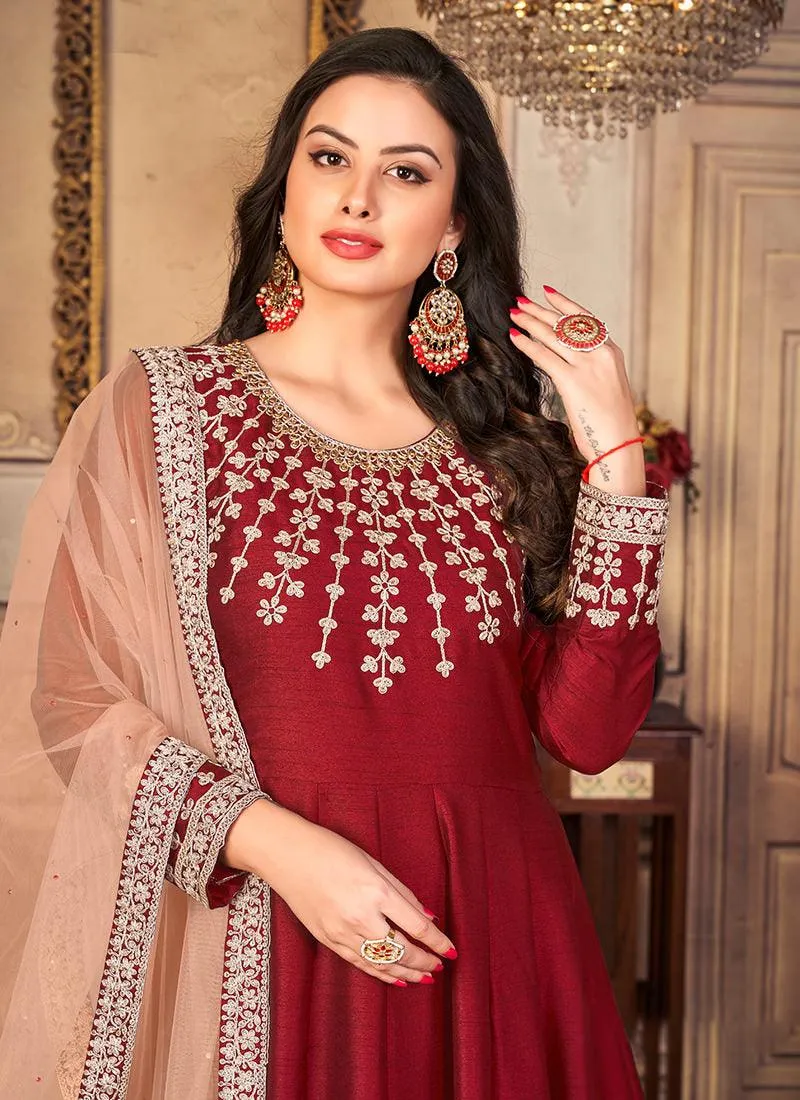 Art Silk Maroon Embroidered Gown