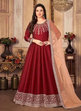 Art Silk Maroon Embroidered Gown