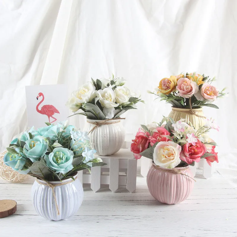 Artificial Rose Bouquet with Ceramic Flower Vase