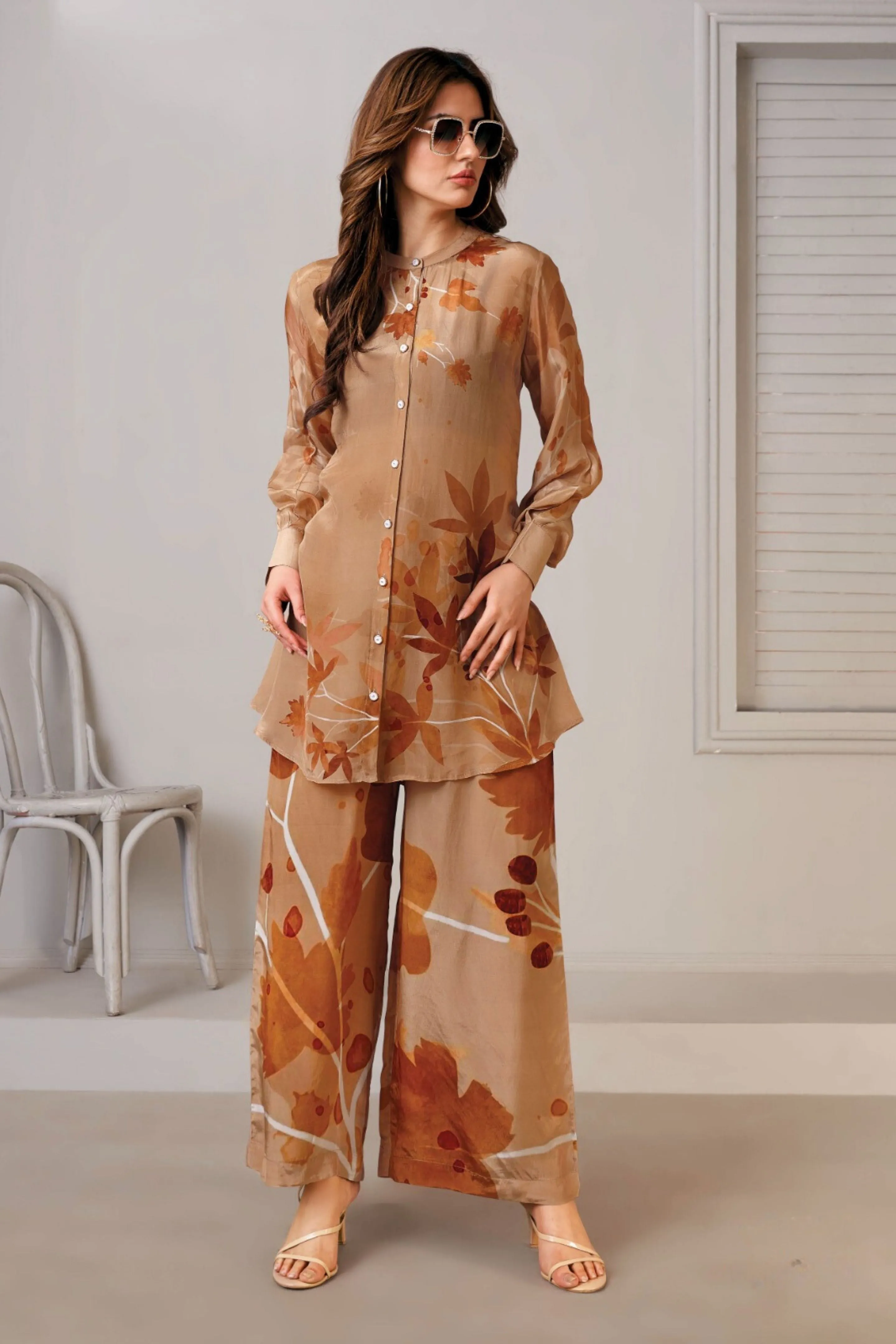 Ash Brown Digital Printed Crepe Silk Co-Ord Set