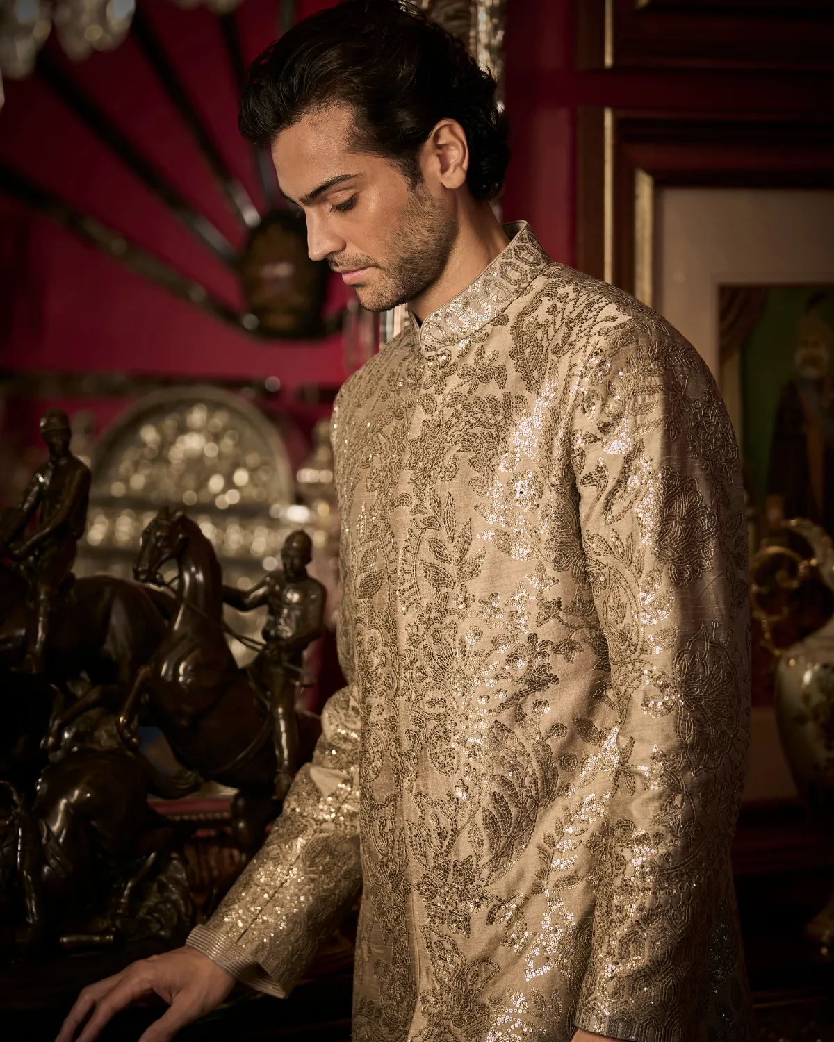 Ash Grey Sequin Sherwani Set