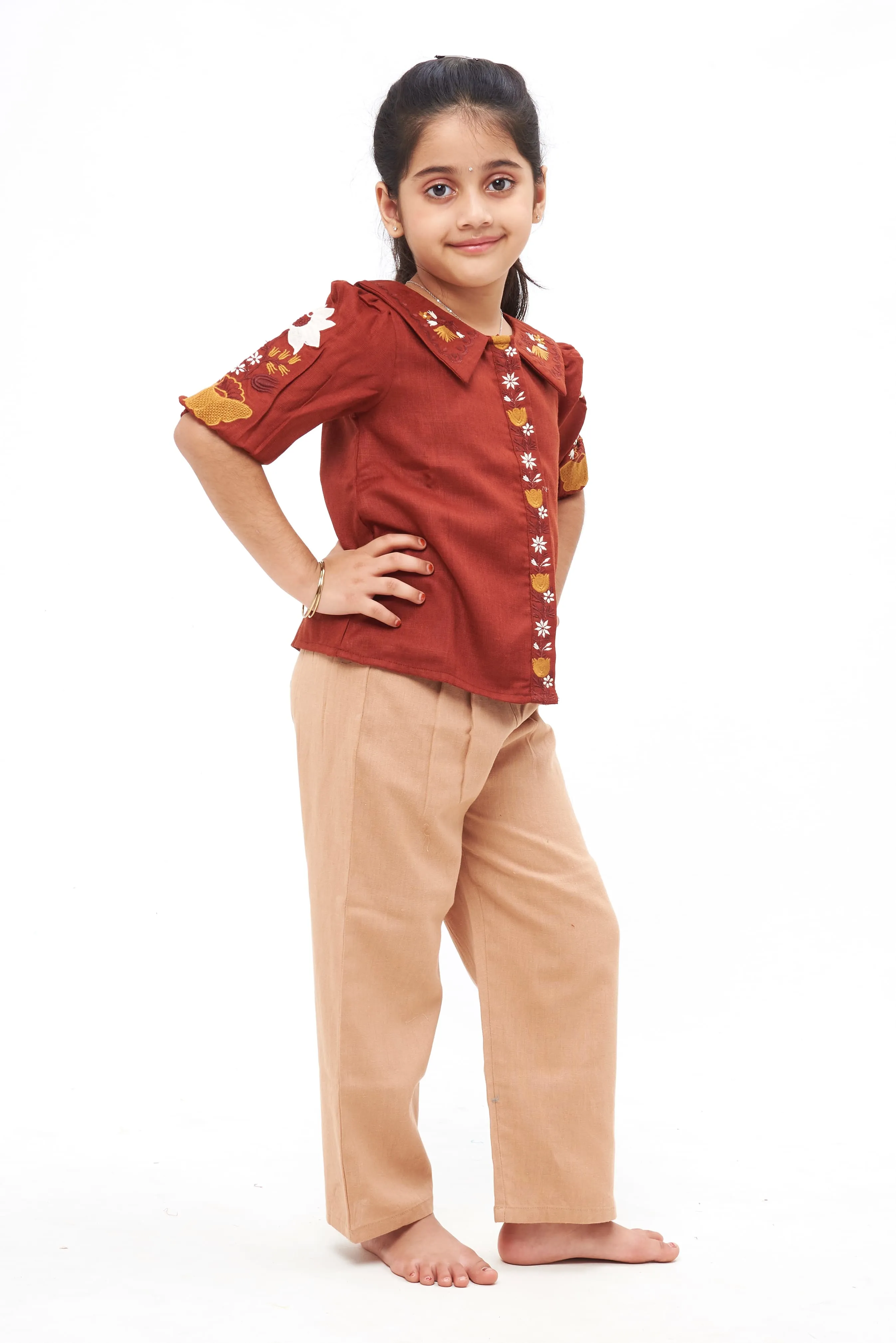 Autumn Reverie: Girls Maroon Embroidered Top & Soft Taupe Pants Set