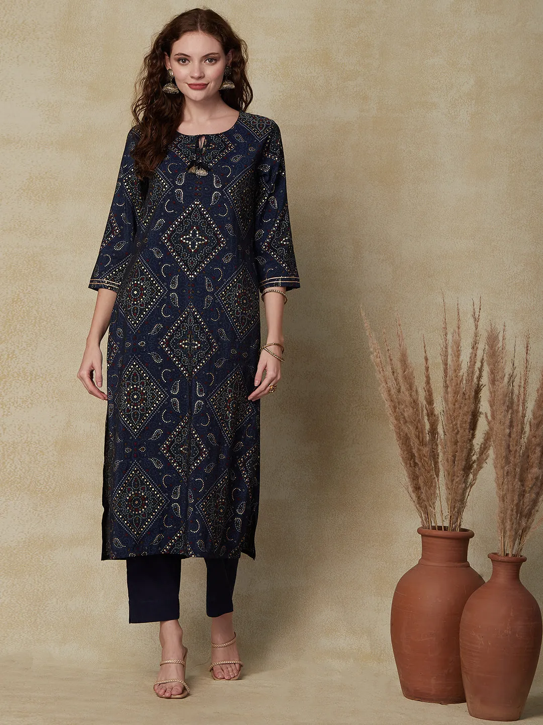 Bandhani Foil Printed Straight Fit Kurta & Pant - Navy Blue