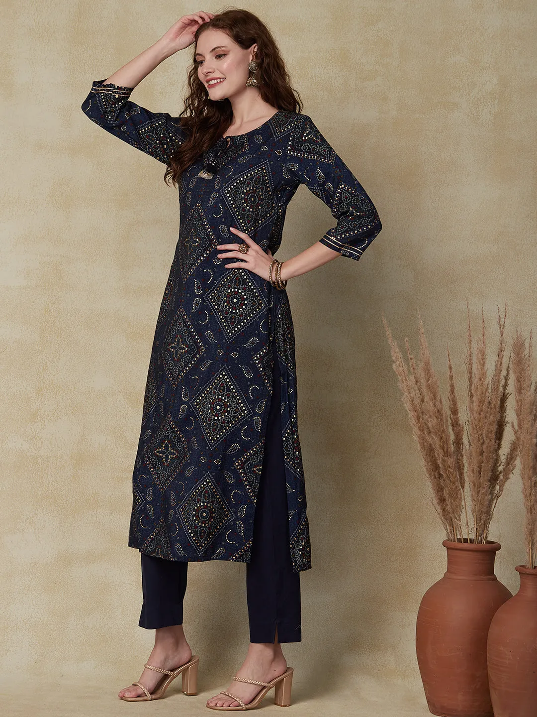 Bandhani Foil Printed Straight Fit Kurta & Pant - Navy Blue