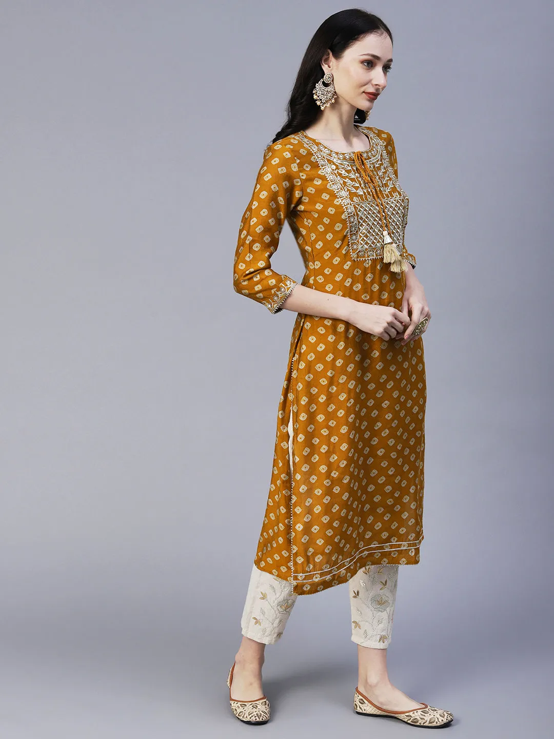 Bandhani Printed & Embroidered Straight Fit Kurta - Mustard