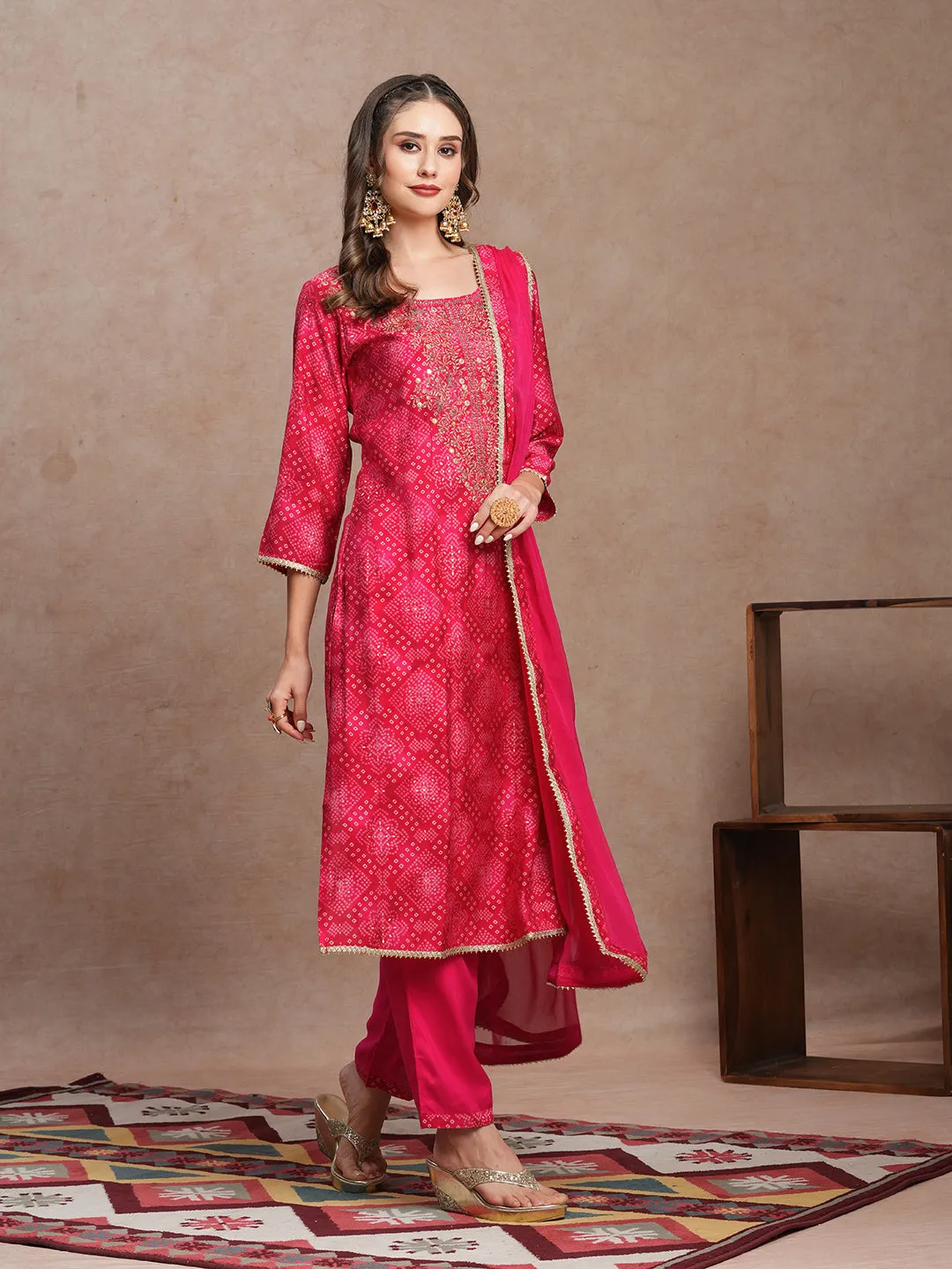 Bandhani Printed & Embroidered Straight Fit Kurta with Pant & Dupatta - Pink