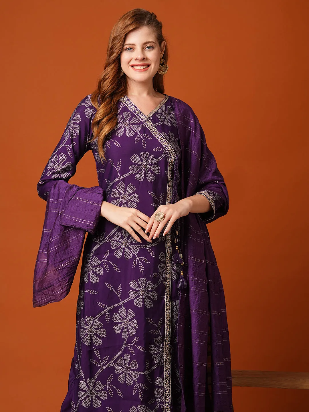 Bandhani Printed & Embroidered Straight Kurta with Pant & Dupatta - Purple