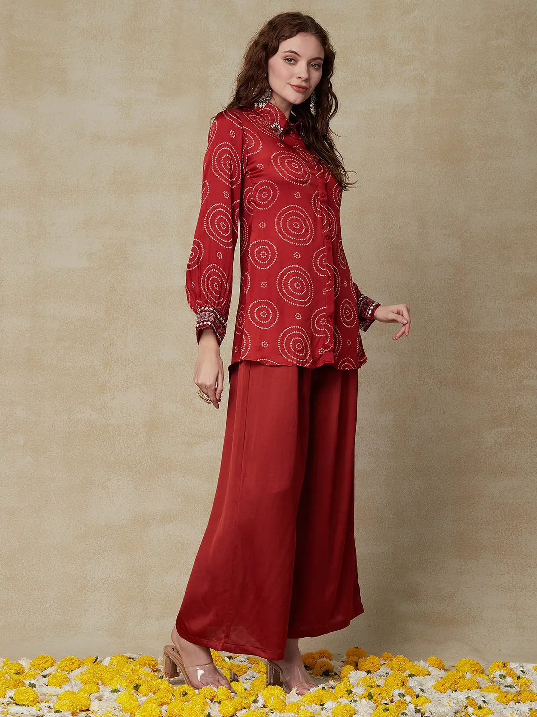 Bandhani Printed & Mirror Embroidered Straight Fit Shirt with Palazzo - Red