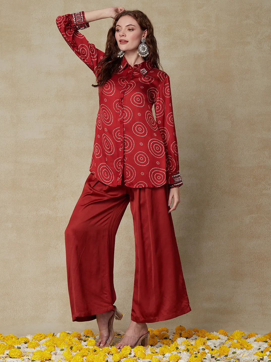 Bandhani Printed & Mirror Embroidered Straight Fit Shirt with Palazzo - Red