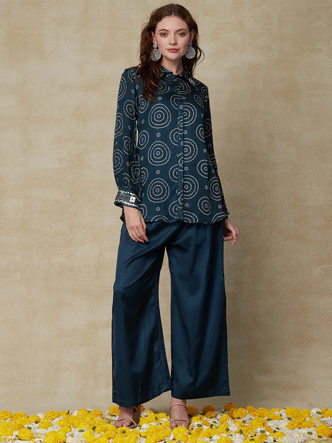 Bandhani Printed & Mirror Embroidered Straight Fit Shirt with Palazzo - Teal Blue