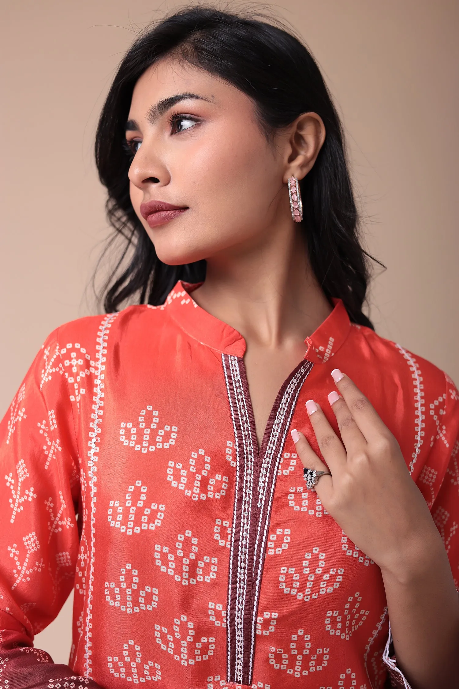 Bandhej Silk Blend Kurta Set with Embroidered work