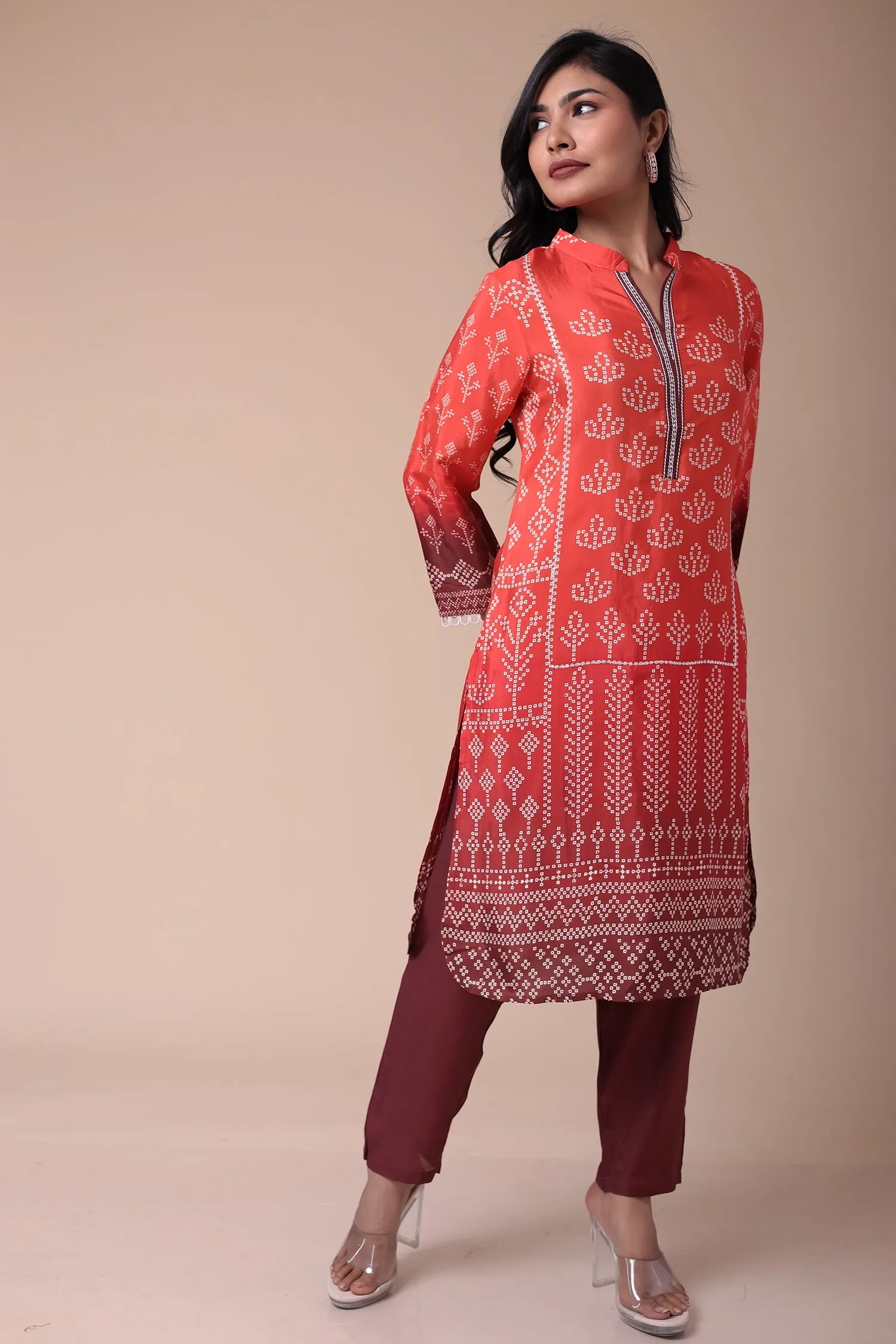 Bandhej Silk Blend Kurta Set with Embroidered work