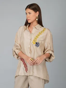 Beige Applique Flower Work Silk Shirt (Set of 2)