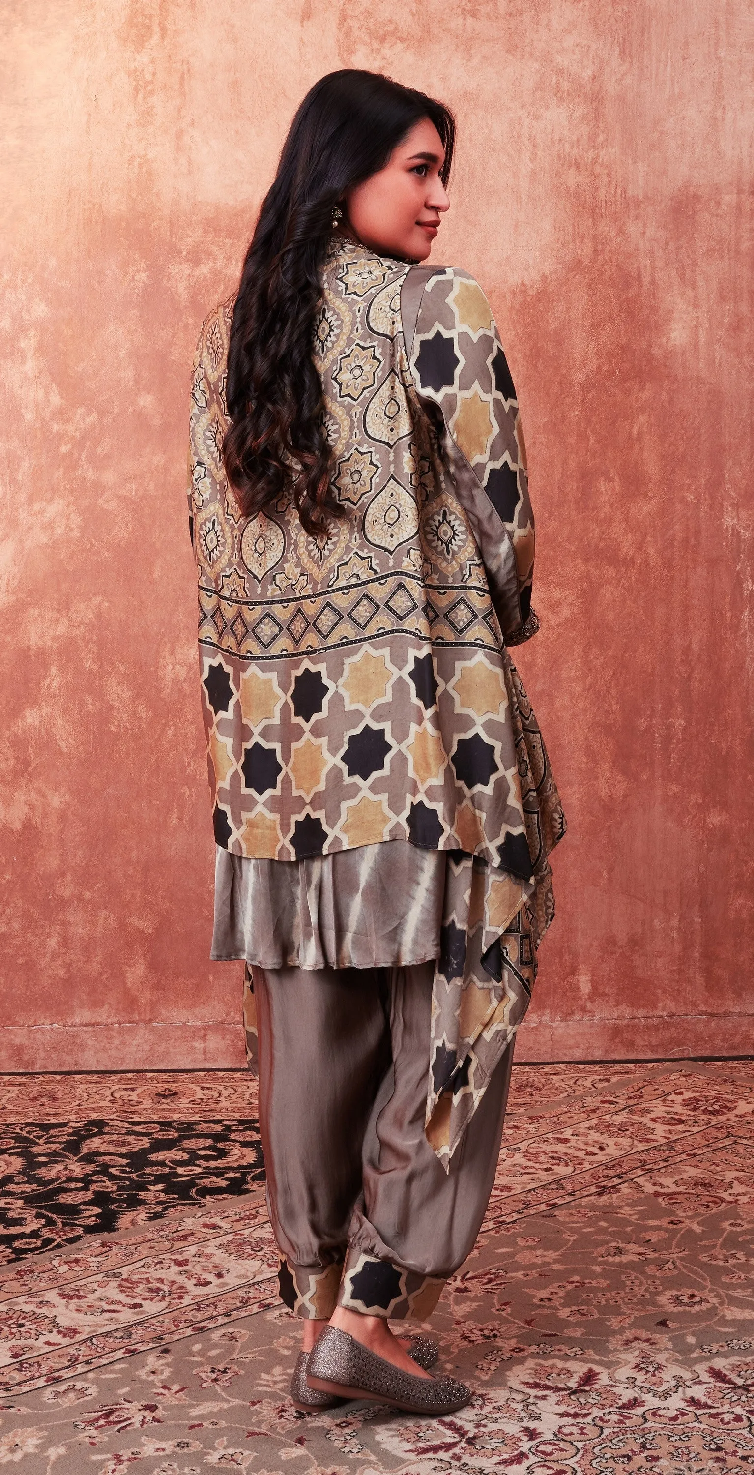 Beige Multicolor Ajrakh Printed Habutai Silk Cape Suit Set