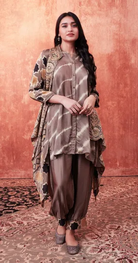 Beige Multicolor Ajrakh Printed Habutai Silk Cape Suit Set