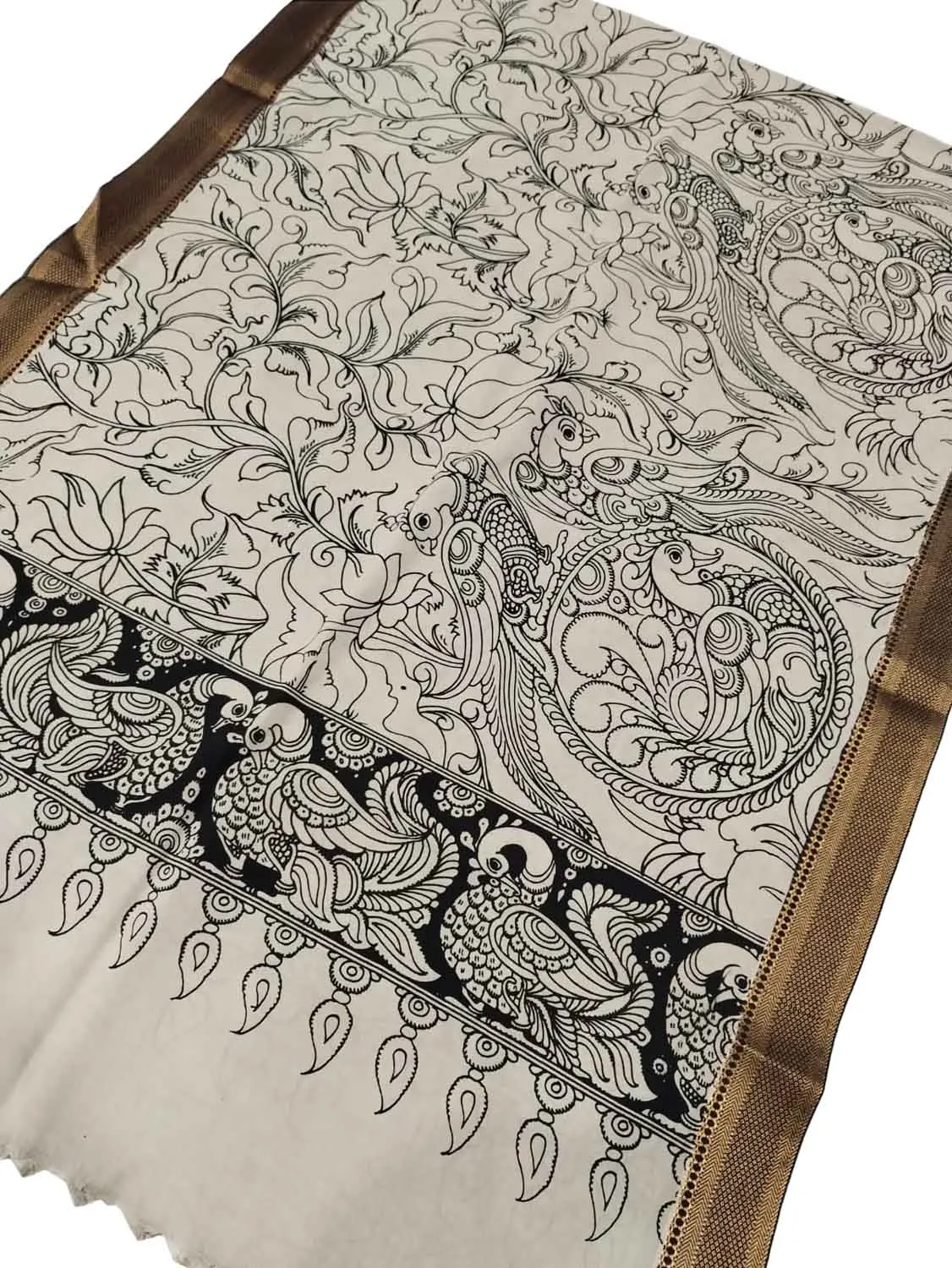 Black & White Hand Painted Kalamkari Banglore Silk Dupatta