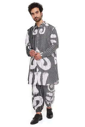 Black & White Uzbek Print Silk Kurta With Jogger