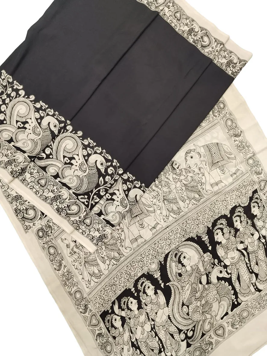 Black And White Hand Painted Kalamkari Chennur Silk Saree