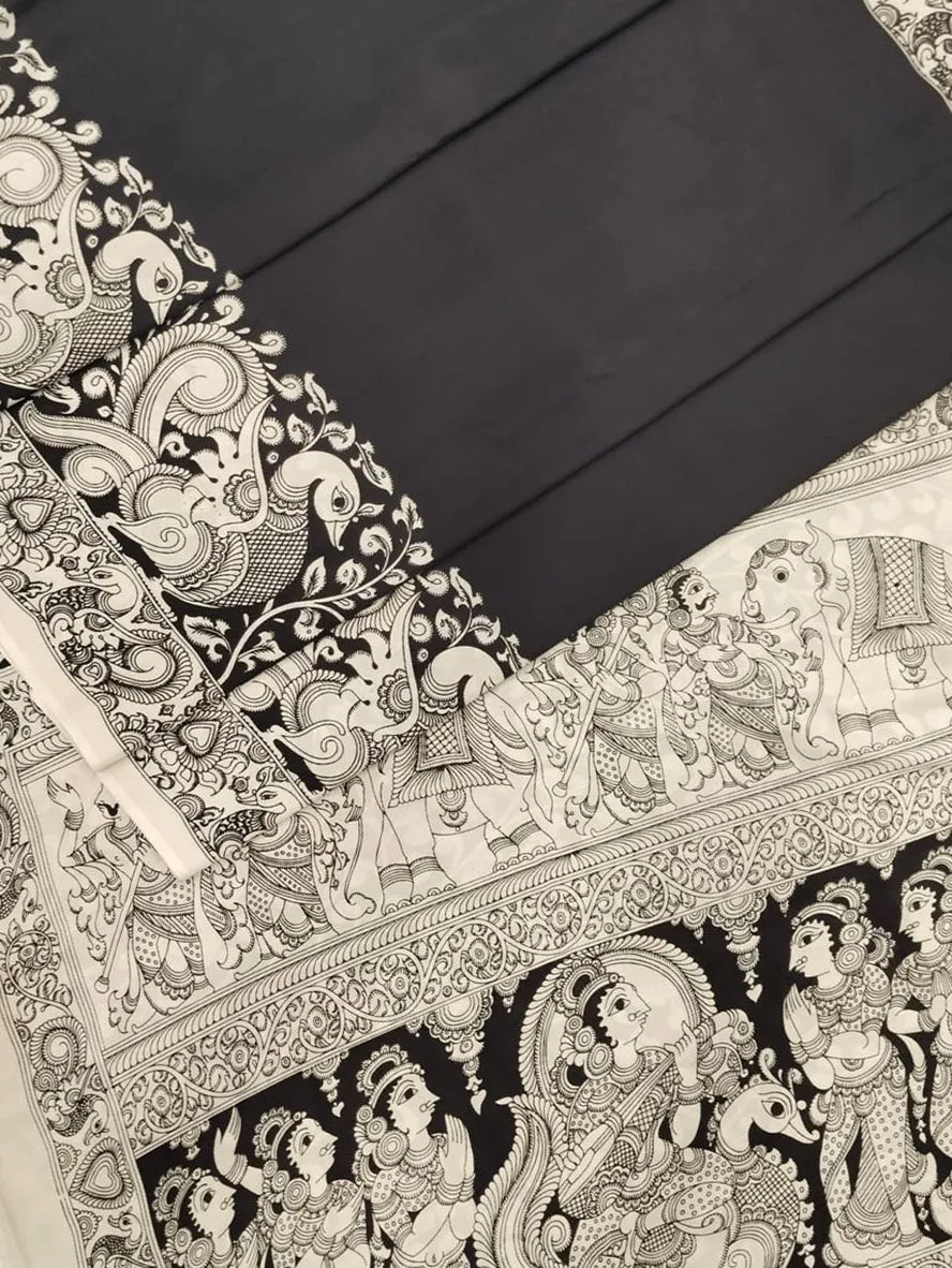 Black And White Hand Painted Kalamkari Chennur Silk Saree