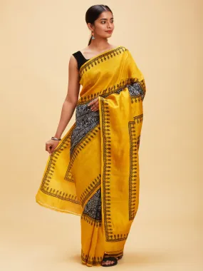 Black and Yellow Block Printed Pure Silk Saree