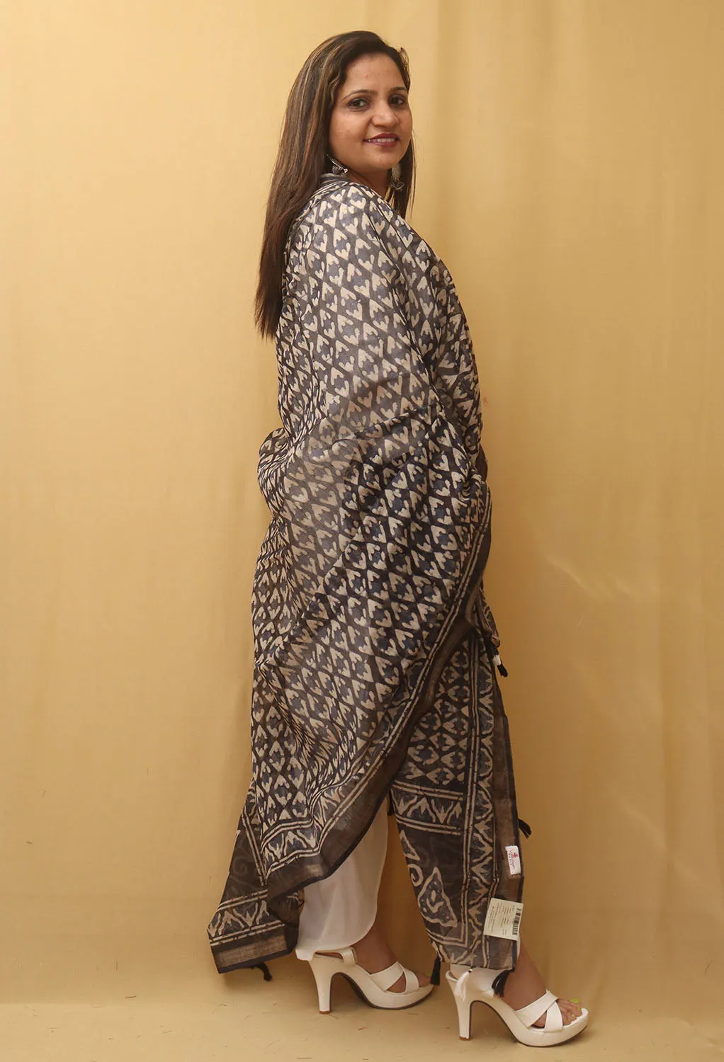 Black Block Printed Chanderi Silk Dupatta